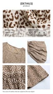 Detail of round neckline and puff sleeves on this stylish leopard print dress fabric