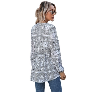 Blusa in chiffon da donna con stampa paisley, scollo a V, maniche lunghe e laccetti