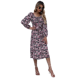 Women Floral Print Square Neck Long Sleeve Midi Dress Elegant High Waist Tie-Up Lantern Sleeve A-Line Base Dress