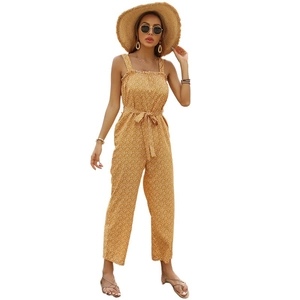 Summer yellow floral jumpsuits for women with ruffle straps and tie-waist detail