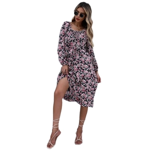 Floral print square neck long sleeve maxi dress with side slit and drawstring detail