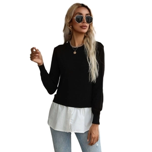 Women's Fashion Fake Two Piece Sweater Round Neck Long Sleeve Contrast Color Patchwork Shirt Hem Knit Pullover Top