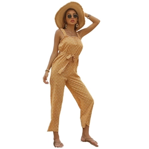 Yellow floral print sleeveless jumpsuit with ruffles and waist tie for summer vacation