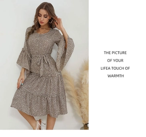Detail view of leopard print dress featuring elegant bell sleeves and a tiered skirt design