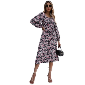 Floral square neck long sleeve midi dress with drawstring and black base pattern