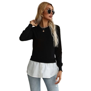 Women's crewneck long sleeve knit sweater with white shirt hem layer styling