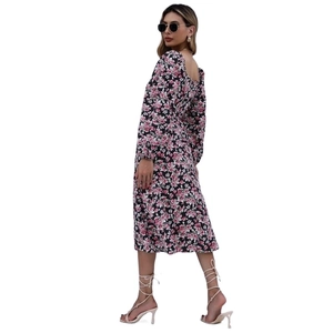 Floral print long sleeve midi dress with square neckline and slim fit silhouette