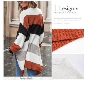 Detail of color-block striped knit cardigan with close-up of collar and thick texture