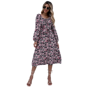 Floral print square neck long sleeve dress with elastic cuffs and tie detail on black
