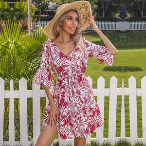 Women V-Neck Printed Flare Sleeve Mini Dress Elegant Tropical Leaf A-Line Ruffle Hem Casual Holiday Party Short Dress