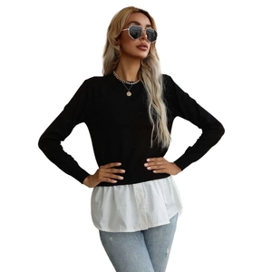 Women's crewneck knit top with two-piece layered white shirt hem in minimalist black
