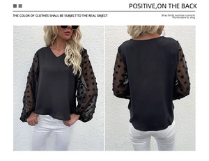 Detailed front and back view of black V-neck lace chiffon top with sheer polka dot sleeves
