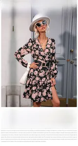Floral V-neck dress detail with rose print, wide pearl belt and ruffle hemline split