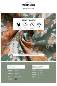 Close-up of floral woven fabric in dark green and orange for this long sleeve dress