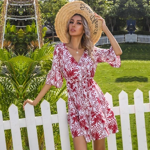 Women's V-neck summer mini dress with red tropical floral print and flared sleeves