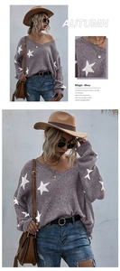 Detail of V-neck knitted sweater with white star pattern and ribbed texture detail