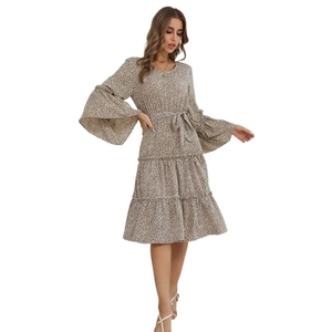 Women's Leopard Print Long Sleeve Tiered Midi Dress Round Neck Bell Sleeve High Waist Tie Belt Casual Bohemian Vacation