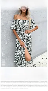 Detailed view of the summer off-shoulder floral midi dress with a high side slit