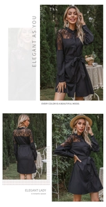 Détail d'une robe noire à manches longues pour femme avec dentelle et ceinture nouée