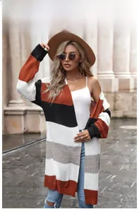 Detail of the knit texture and striped pattern on the open-front long cardigan sweater