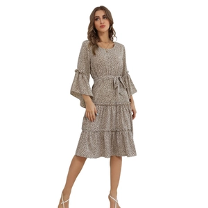 Long sleeve leopard print midi dress with ruffled tiered skirt and waist tie