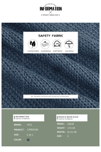 Macro detail of breathable blue knit fabric texture and size chart for women cardigan