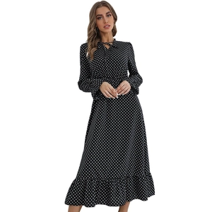 Robe Longue Vintage À Pois Pour Femmes Col En V Lien À Nouer Manches Longues Ourlet À Volants Ligne A Taille Haute Décontractée Élégante