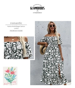 Detail showing elastic off-shoulder neckline and ruffle sleeves of floral maxi dress