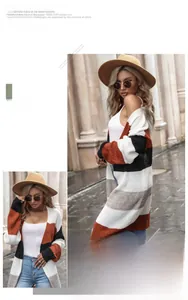 Detail of multi-color striped knit cardigan showing thick texture and relaxed fit