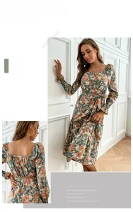 Close-up detail of vintage floral long sleeve dress with square neck and waist belt