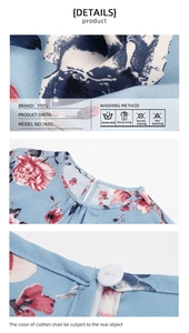Dettaglio dello scollo rotondo e del tessuto floreale sul vestito estivo blu