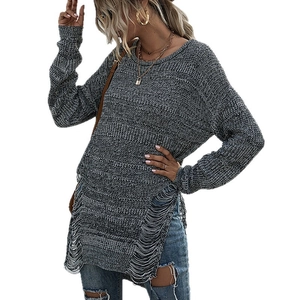Women's crew neck long knit sweater in charcoal grey with stylish hollow tassel hem