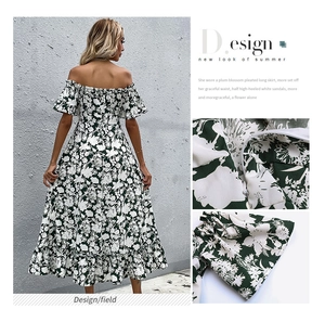 Detail view of the floral off-shoulder dress featuring ruffled sleeves and hidden zipper