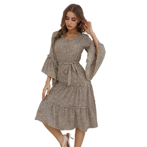 Women's leopard print tiered dress with long bell sleeves and waist tie for autumn