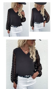 Detail of V-neck top with sheer Swiss dot long sleeves and elegant black chiffon fabric