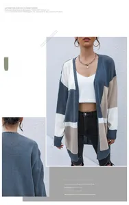 Detail of color-block knit cardigan featuring blue, white, and beige geometric patterns