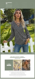 Detail of leopard print chiffon blouse featuring a deep V-neck and lace-up design