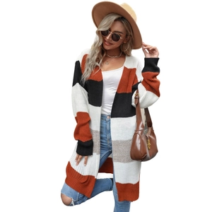 Casual mid-length striped knit cardigan featuring a bold color-block patchwork design