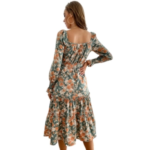 Sage green square neck floral midi dress with tiered ruffle hem and long sleeves