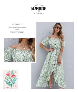 Close-up of off-shoulder floral dress with decorative buttons and ruffle details