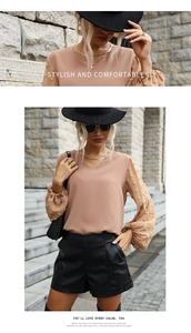 Detail of V-neck chiffon blouse with 3D embossed floral lantern sleeves in apricot pink