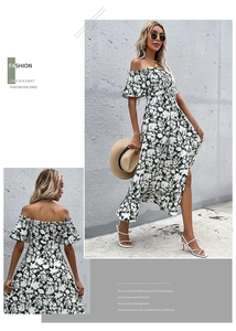 Detail view of floral off-shoulder midi dress with ruffled hem and waist tie design