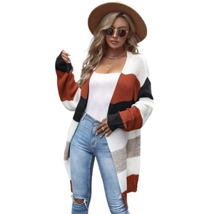 Women's long patchwork knit cardigan with orange and black stripes in a loose casual fit