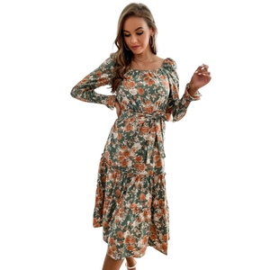Vintage floral square neck dress with ruffled tiered skirt and waist tie in green