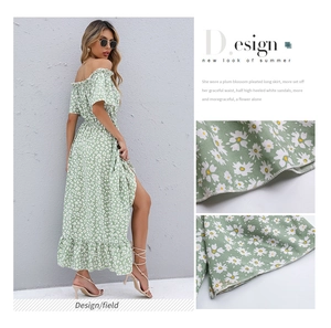 Close-up of green floral off-shoulder dress featuring ruffle hem and split design detail