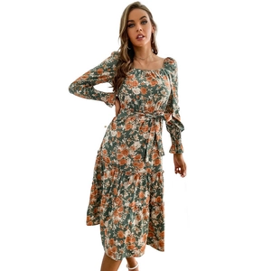 Floral square neck long sleeve maxi dress with tiered skirt and smocked waist in dark green