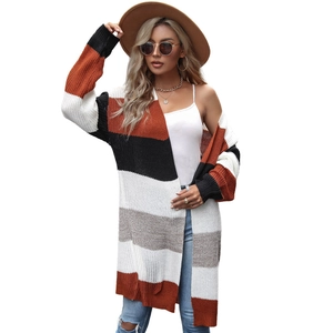 Women long sleeve colorblock knit cardigan with orange and black stripes in casual style