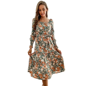 Olive green floral long sleeve midi dress with square neck and tiered ruffle skirt