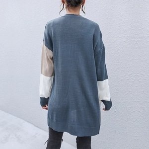 Women's long knit cardigan featuring a gray-blue, khaki, and white color block design