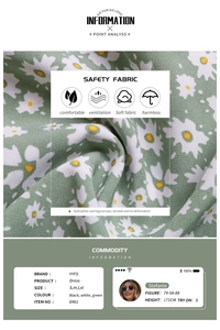 Detailed view of breathable green floral fabric texture and size specification chart
